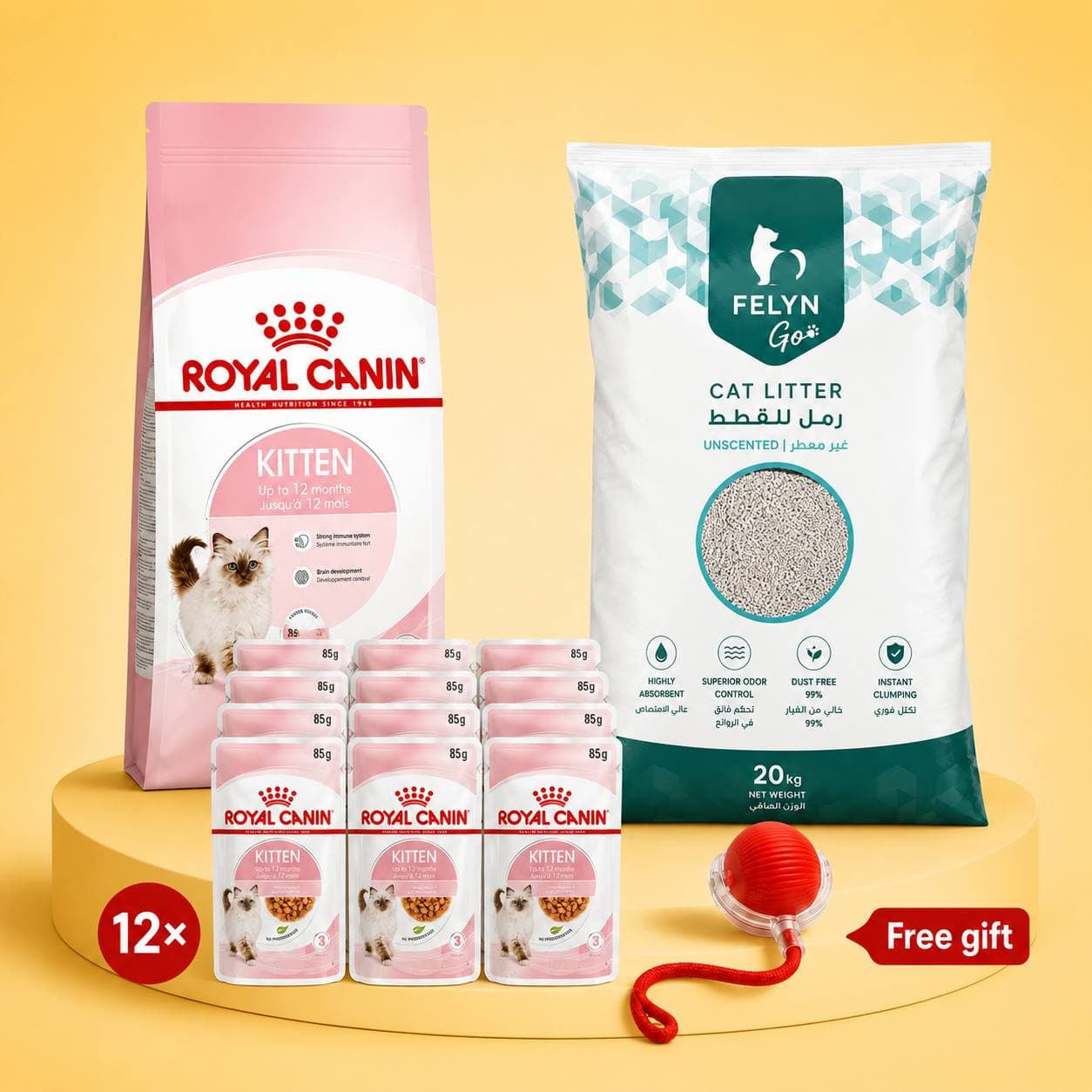 Kitten Starter Bundle – Food, Litter & Free Toy: Royal Canin food, FELYN Go cat litter 20 kg, and a free toy