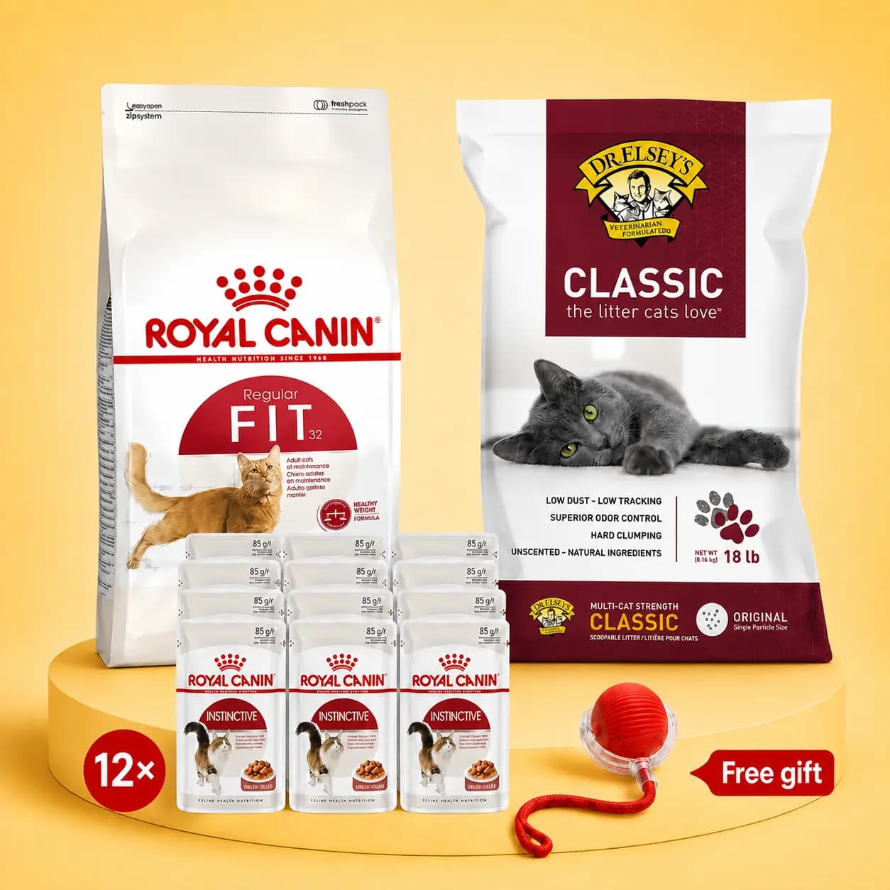 Adult Cat Essentials Bundle – Food, Litter & Free Toy: Royal Canin food, Dr. Elsey's Classic litter 8.16 kg, and a free toy