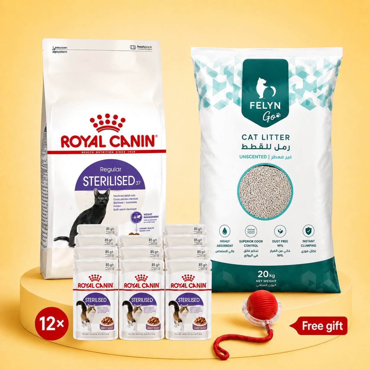 Sterilised Cat Monthly Saver Bundle – Large Sizes & Free Toy: Royal Canin food, FELYN Go cat litter 20 kg, and a free toy