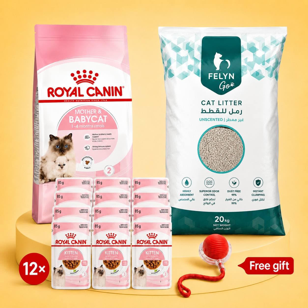 Mother & Kitten Care Bundle – Food, Litter & Free Toy: Royal Canin food, FELYN Go cat litter 20 kg, and a free toy